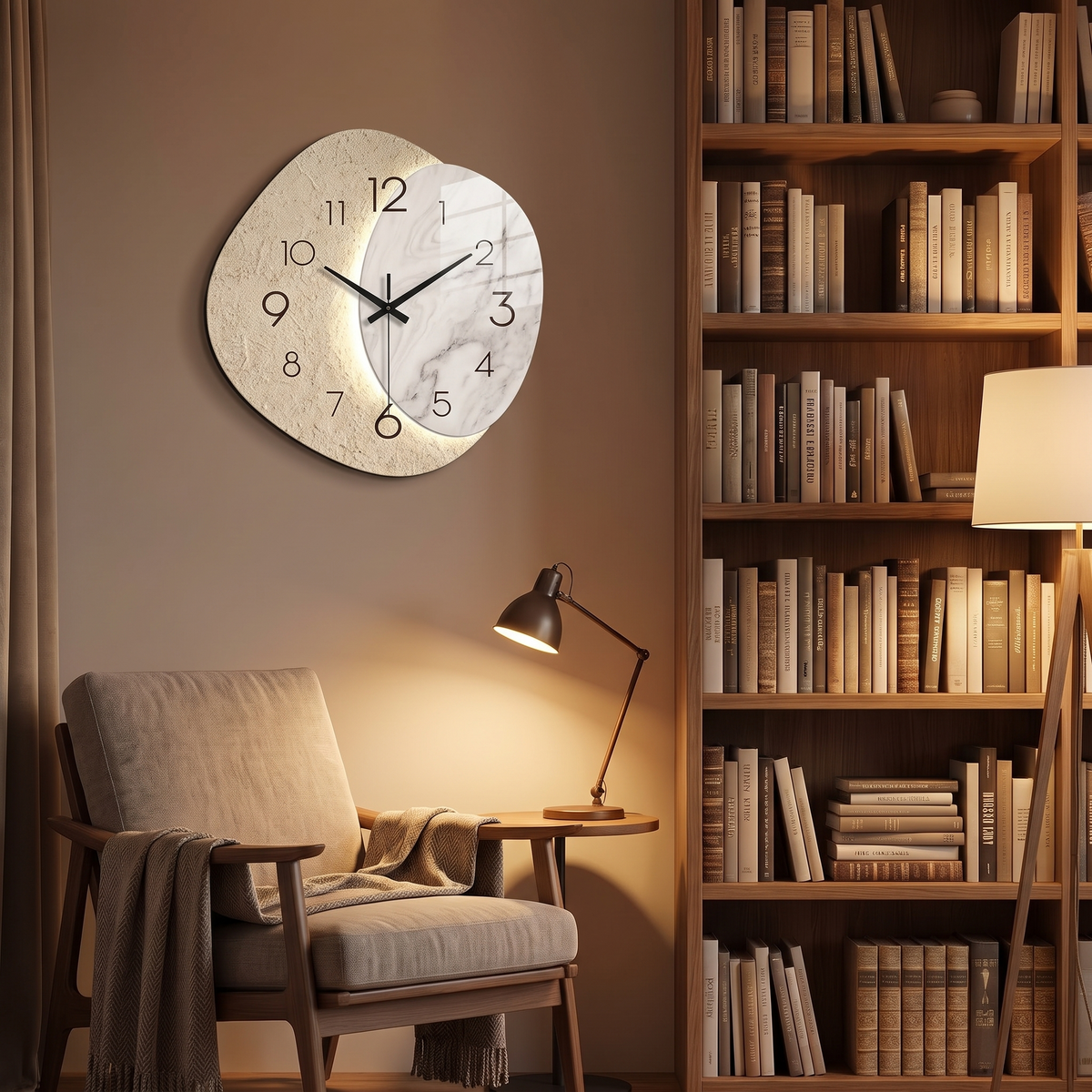 TempoStone Wanduhr im Arbeitszimmer neben Bücherregal