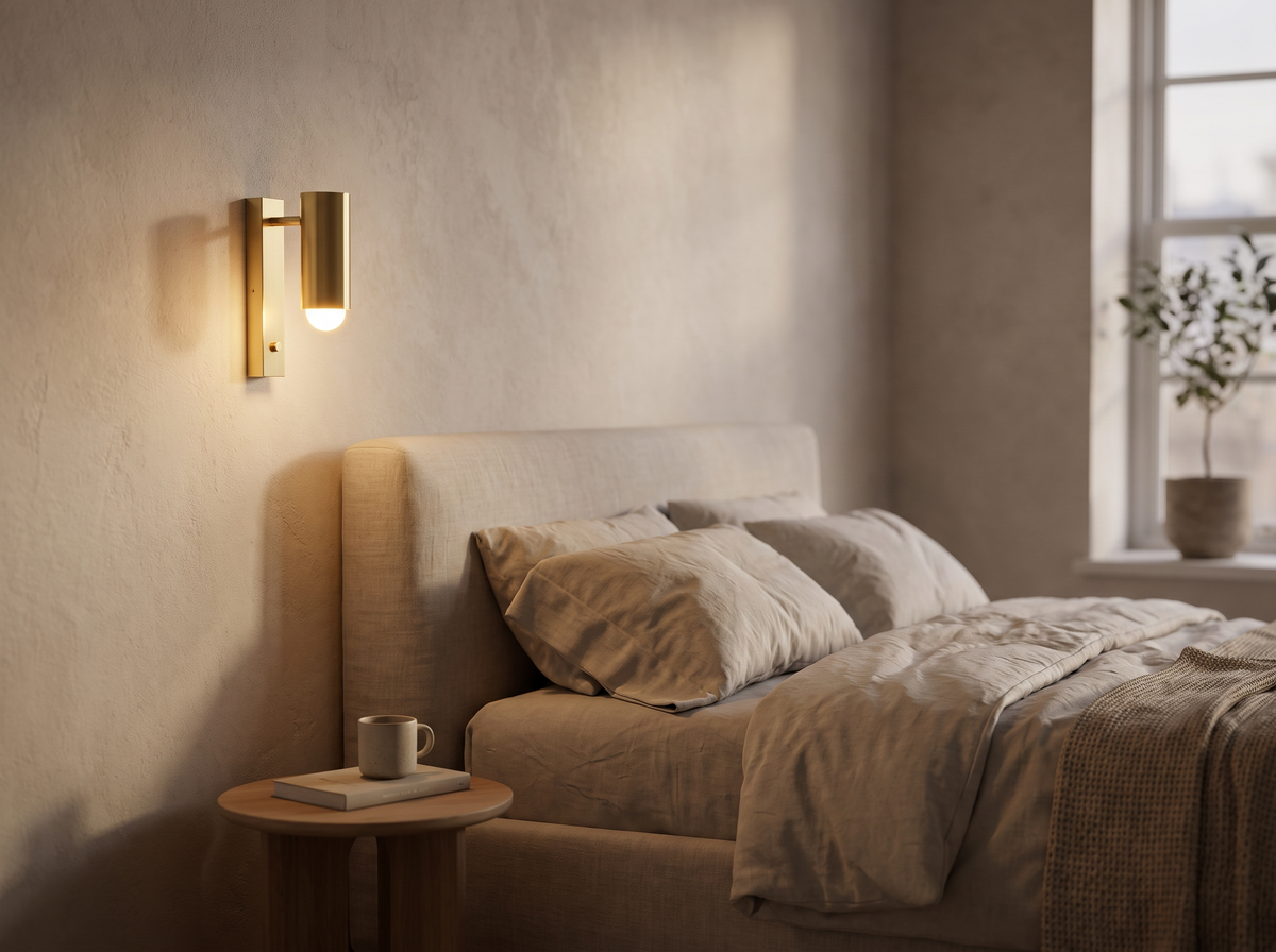 Wandleuchte neben einem Bett im minimalistischen Schlafzimmer