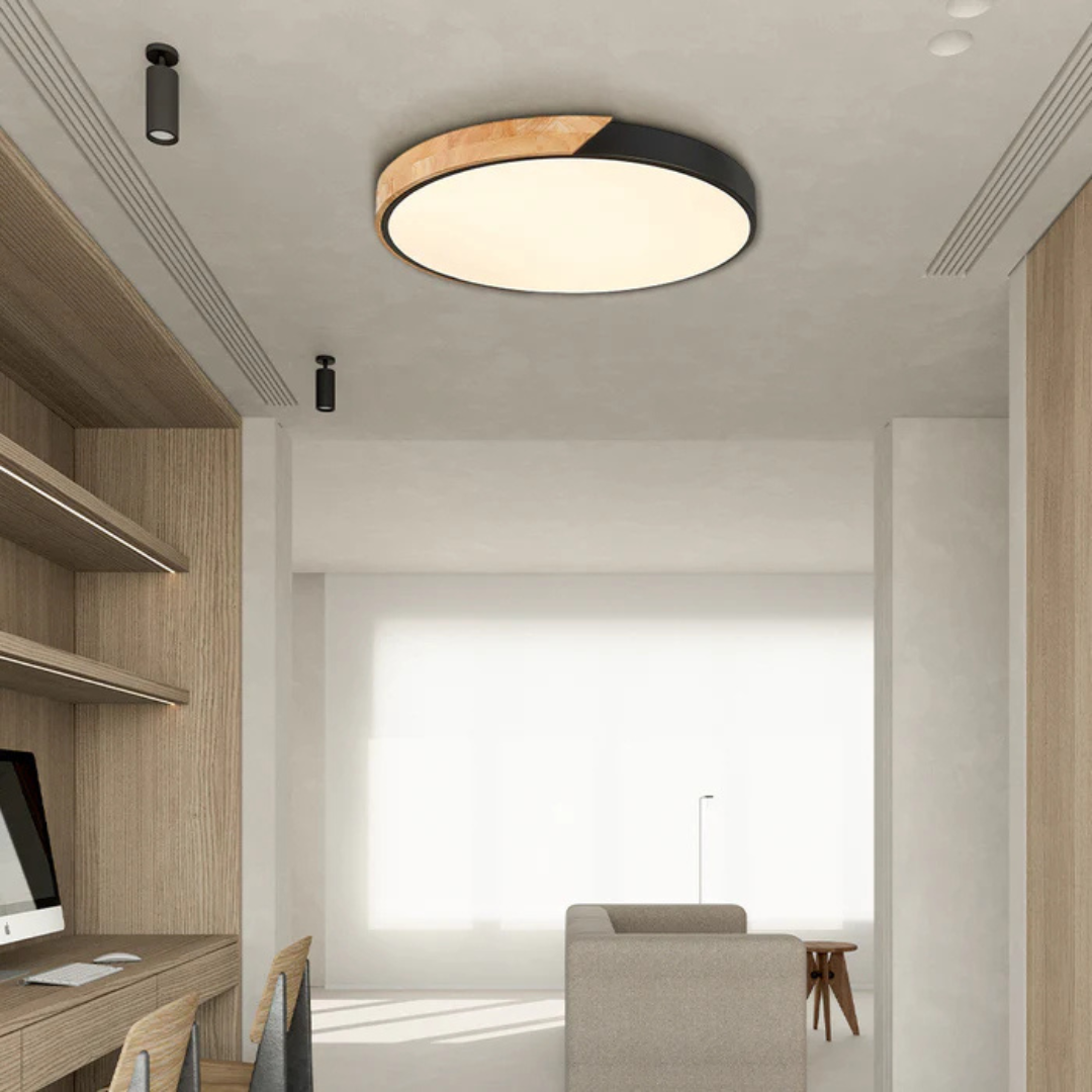 Nordische LED-Deckenleuchte mit Holzrand