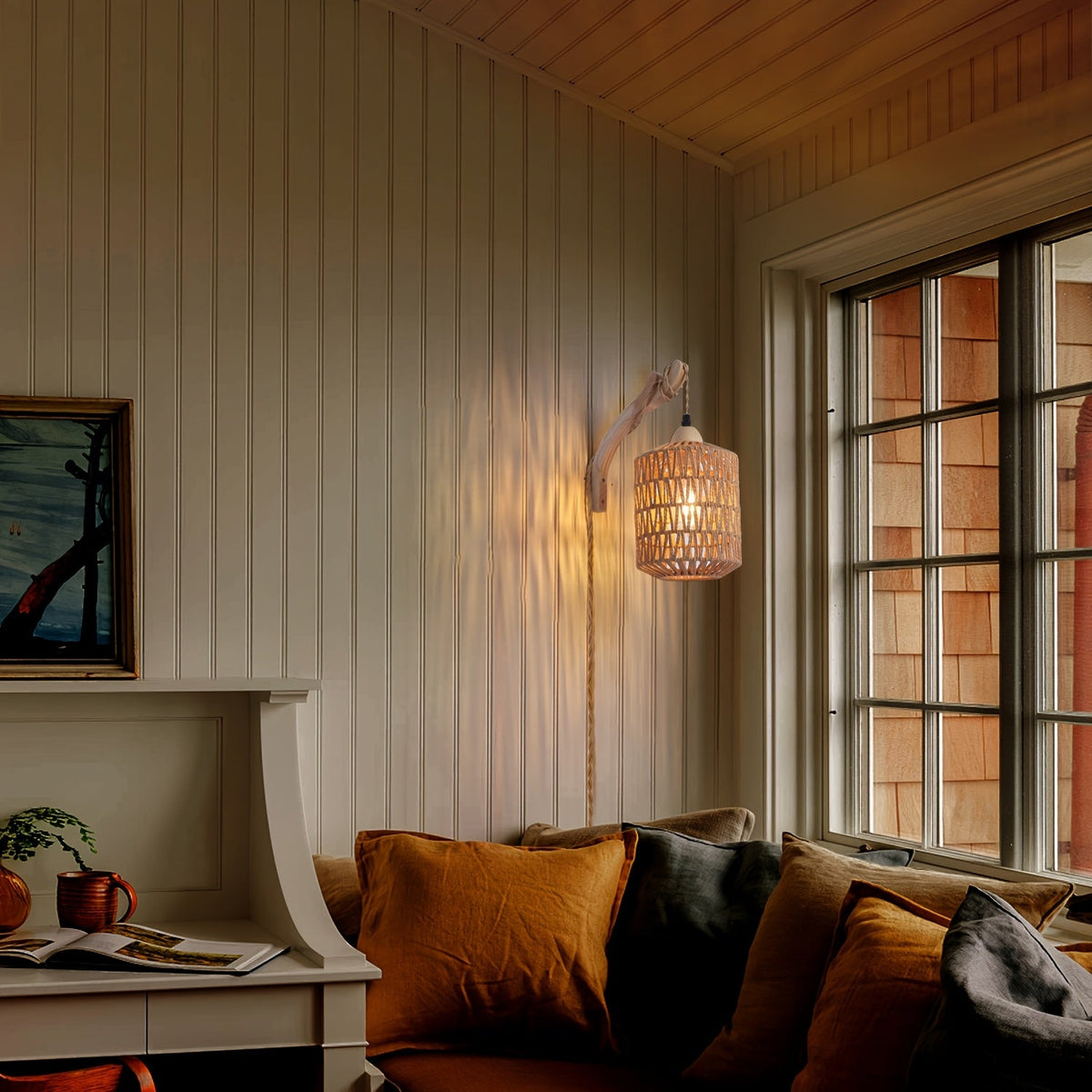 Boho Wandleuchte aus Holz und Rattan