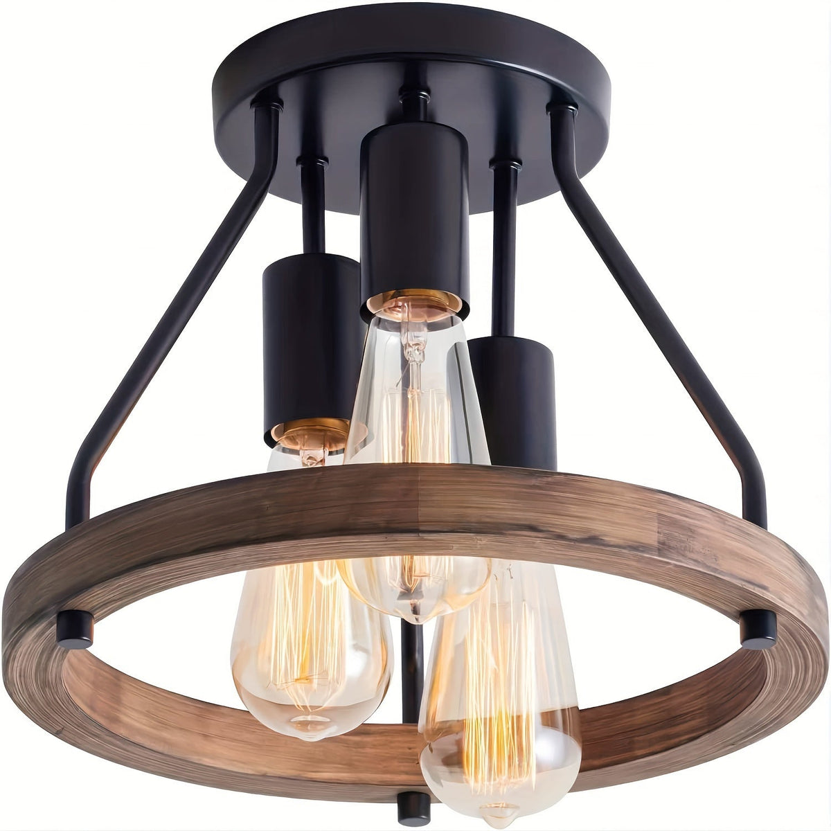 Holzring-Deckenleuchte mit 3 Lichtern