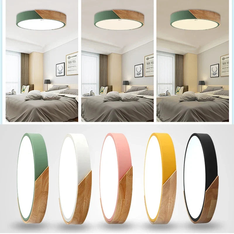 Nordische LED-Deckenleuchte mit Holzrand