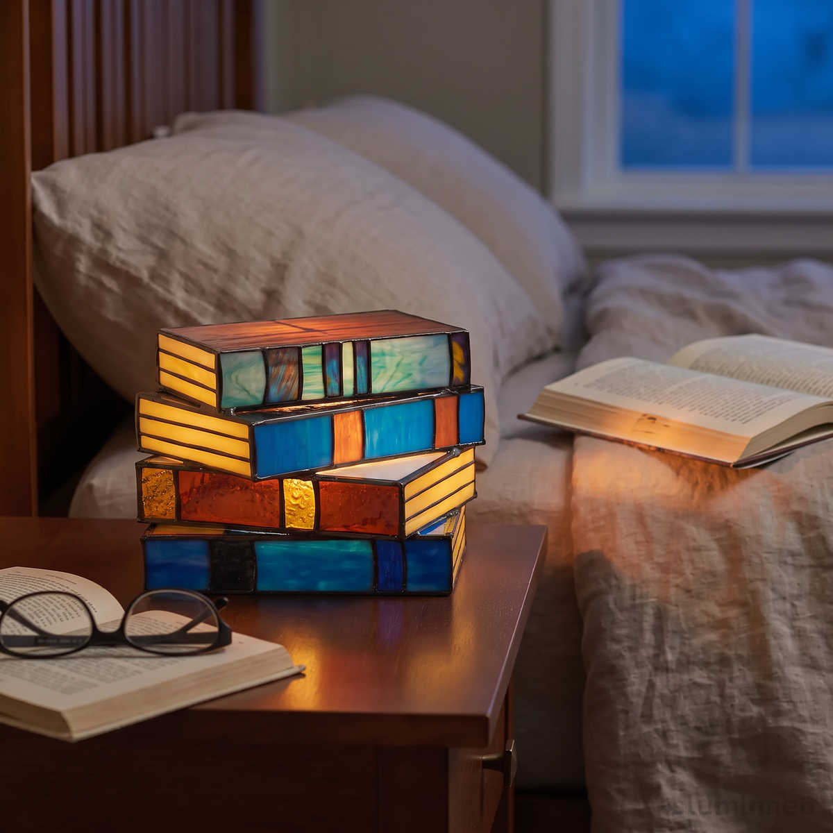 Buntglas-Buchlampe auf Nachttisch im Schlafzimmer