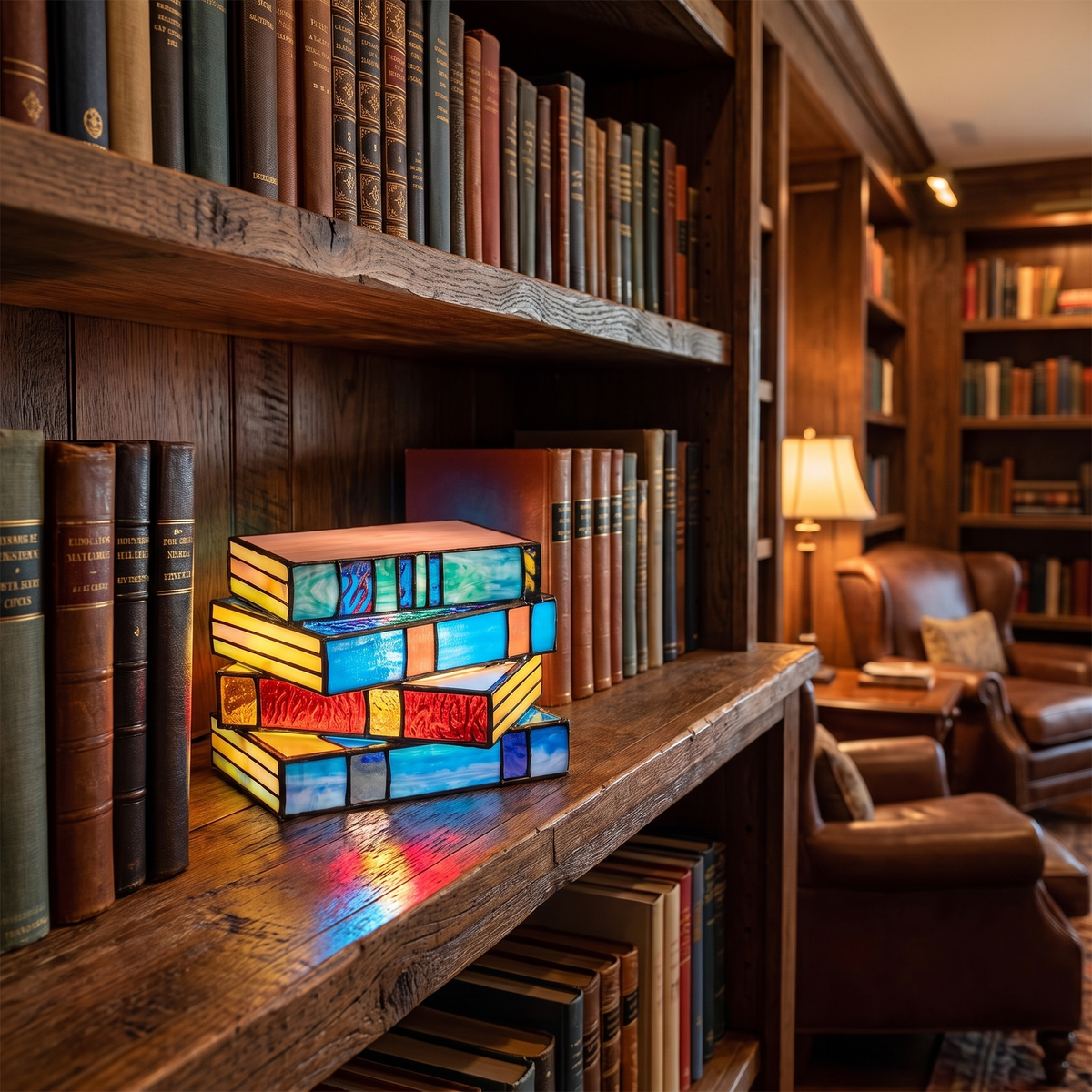 Buntglas-Buchlampe im Bücherregal einer Hausbibliothek