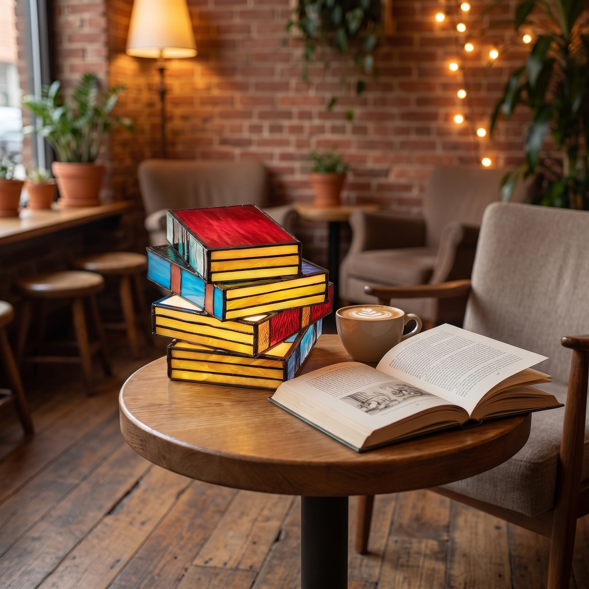 Buntglas-Buchlampe auf Cafétisch mit Kaffee und Buch