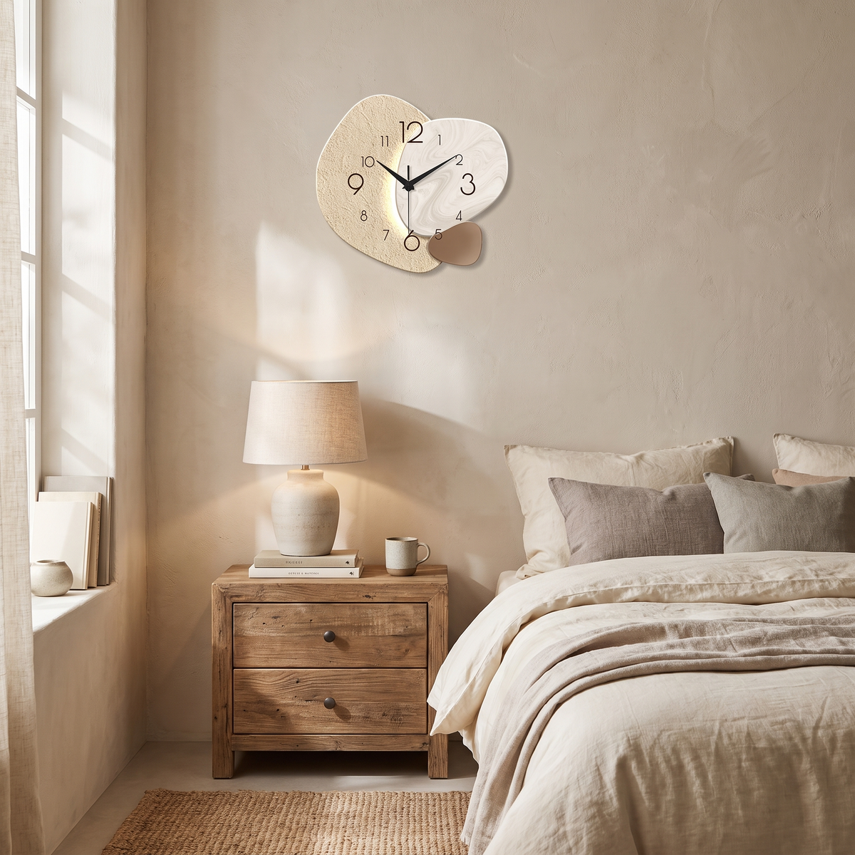 TempoStone Wanduhr im Schlafzimmer über dem Nachttisch