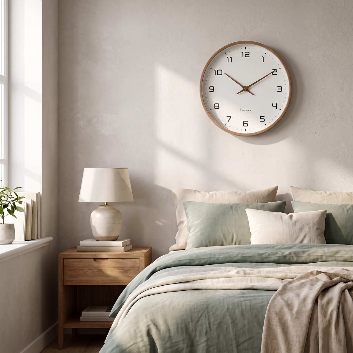 Nordische Wanduhr im Schlafzimmer über dem Nachttisch