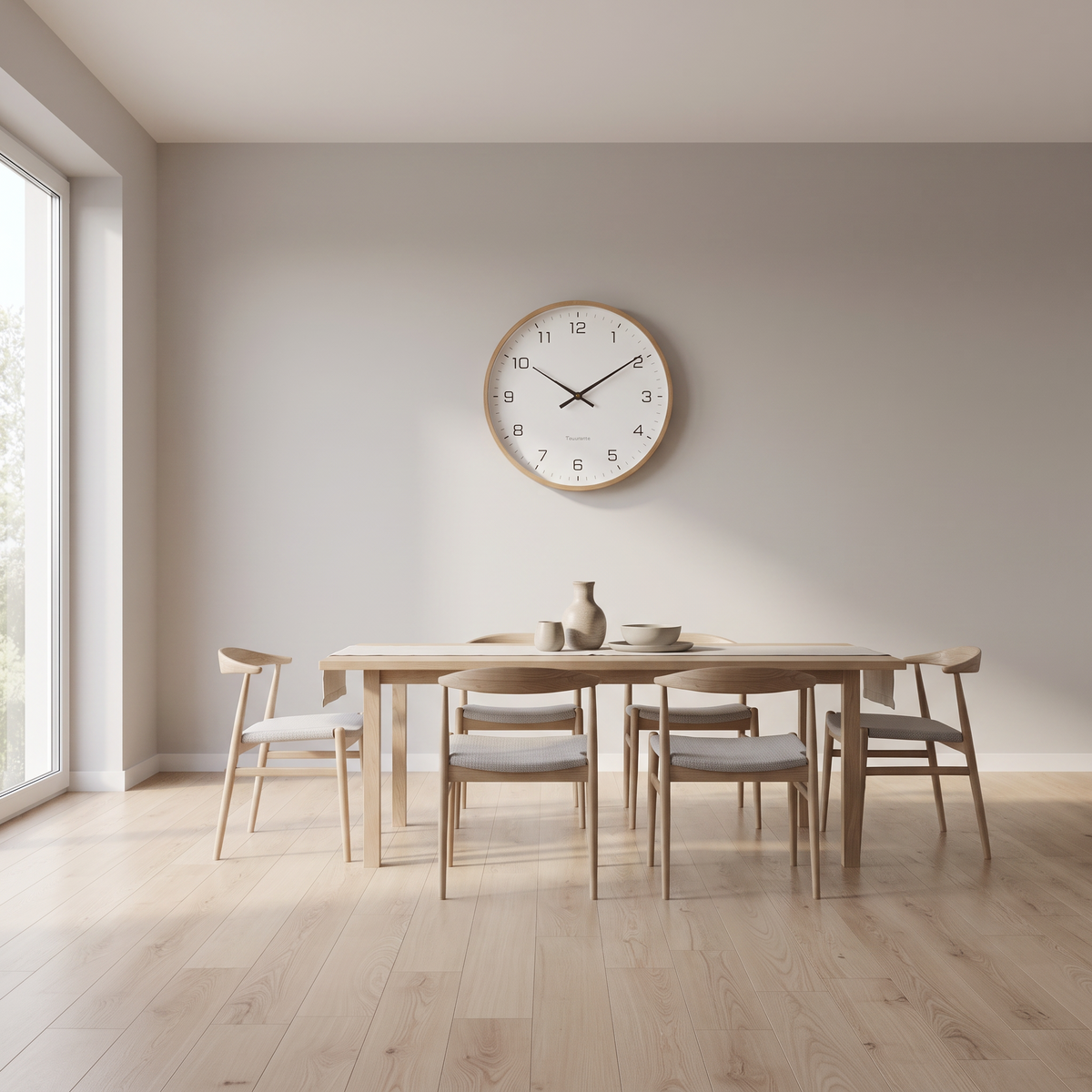 Nordische Wanduhr im Esszimmer über Holztisch
