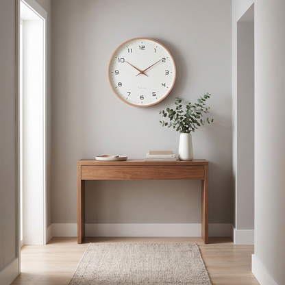 Nordische Wanduhr im Flur über einer Konsole