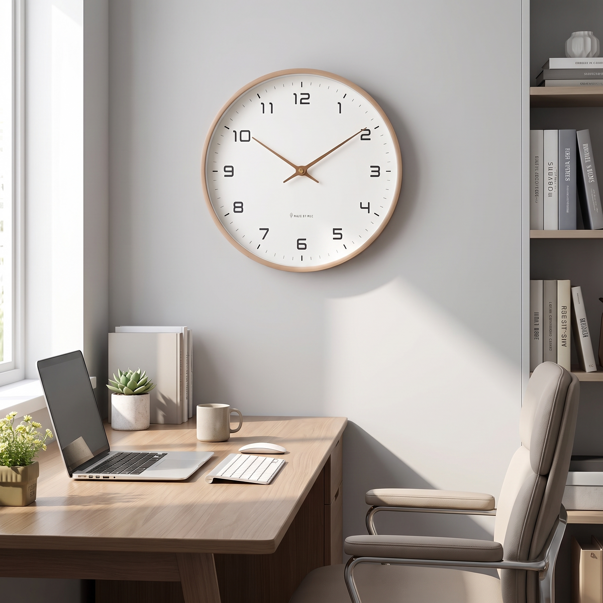 Nordische Wanduhr im Homeoffice über dem Schreibtisch