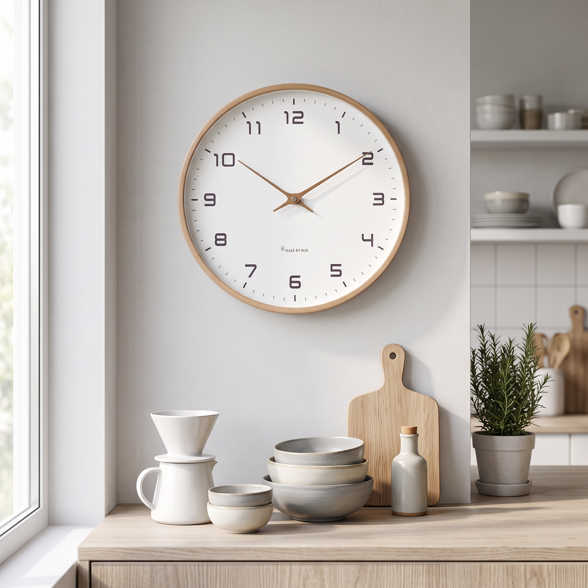 Nordische Wanduhr in heller nordischer Küche über der Arbeitsplatte