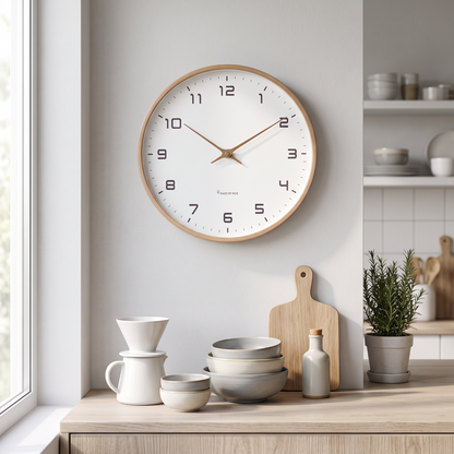 Nordische Wanduhr in heller nordischer Küche über der Arbeitsplatte