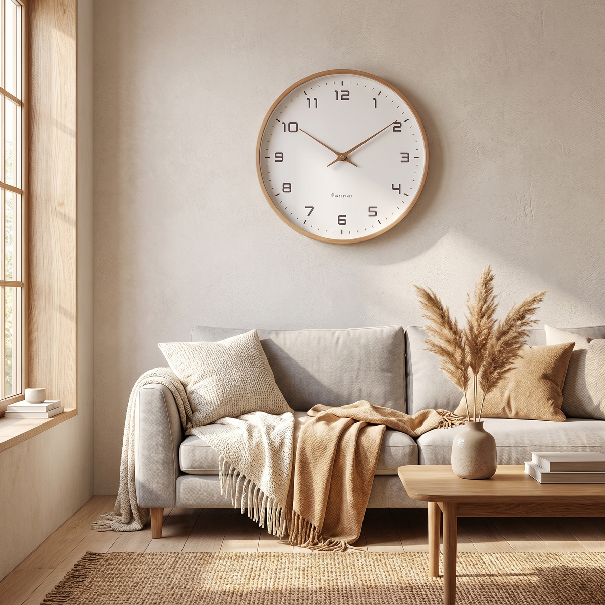 Nordische Wanduhr im Wohnzimmer über hellem Sofa