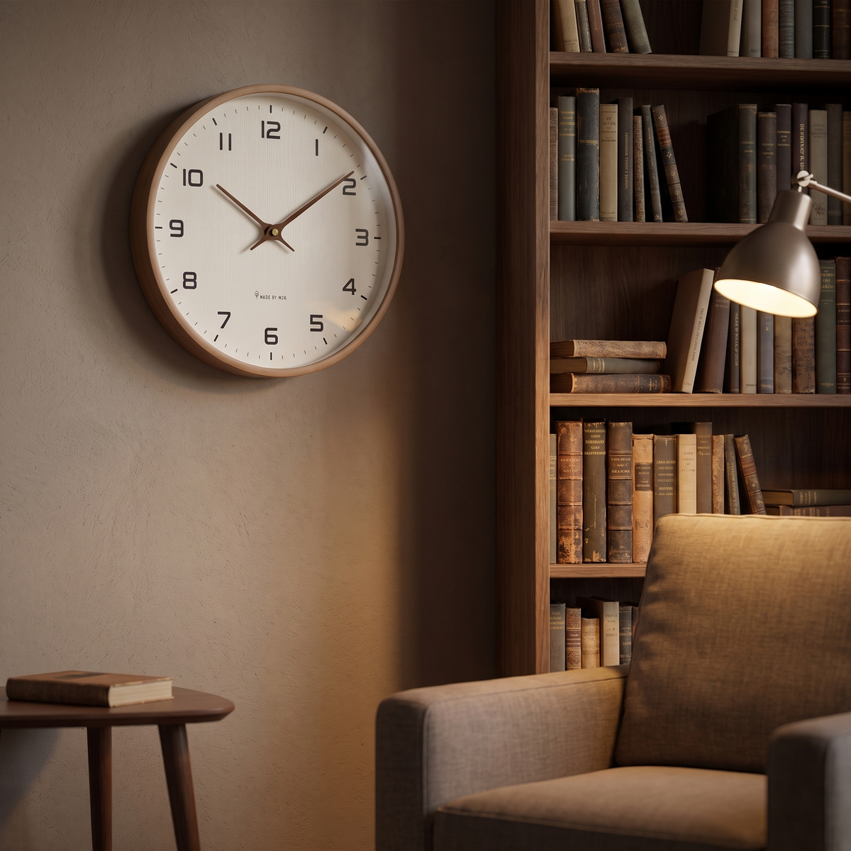 Nordische Wanduhr im Arbeitszimmer neben dem Bücherregal