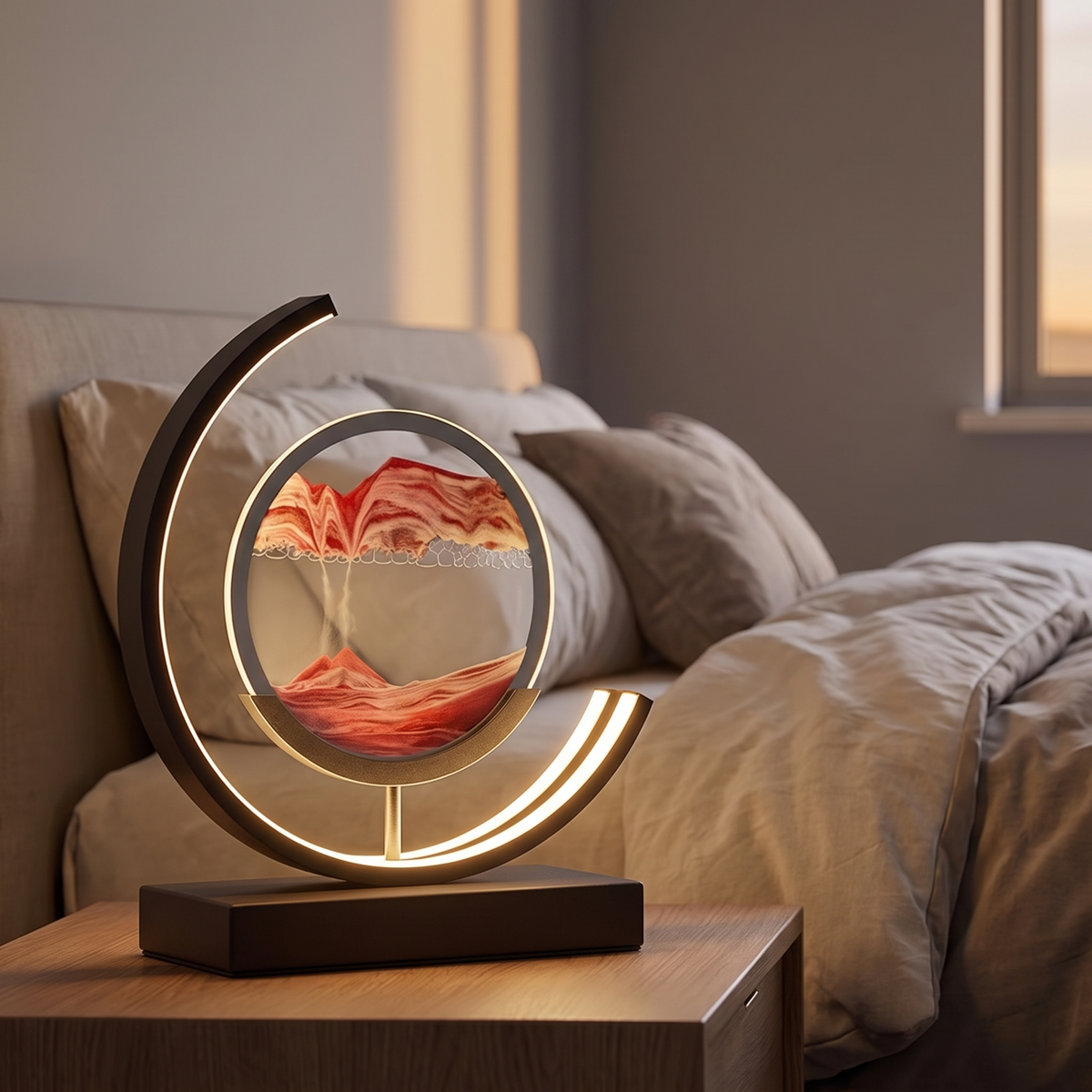 Sandlicht LED-Tischlampe auf Nachttisch im Schlafzimmer