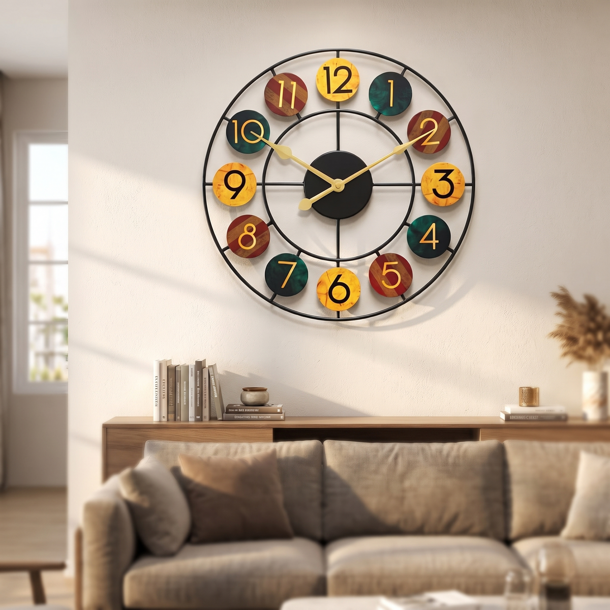 Bunte Retro-Metall-Wanduhr an der Wohnzimmerwand
