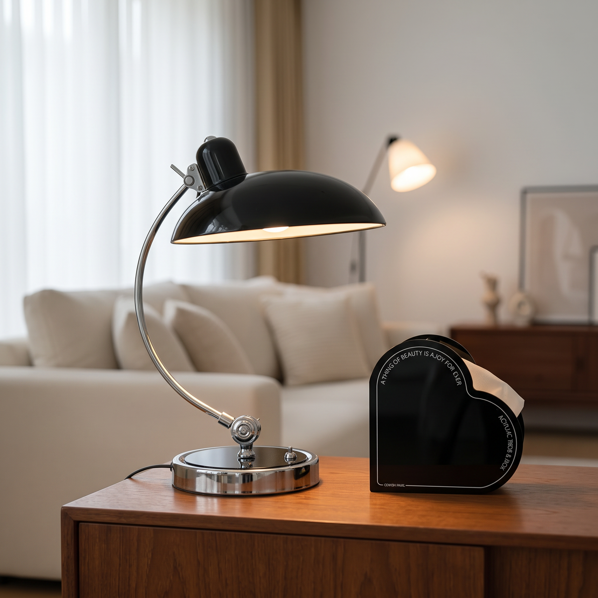ScandiArc Tischlampe auf einem Sideboard im minimalistischen Wohnzimmer