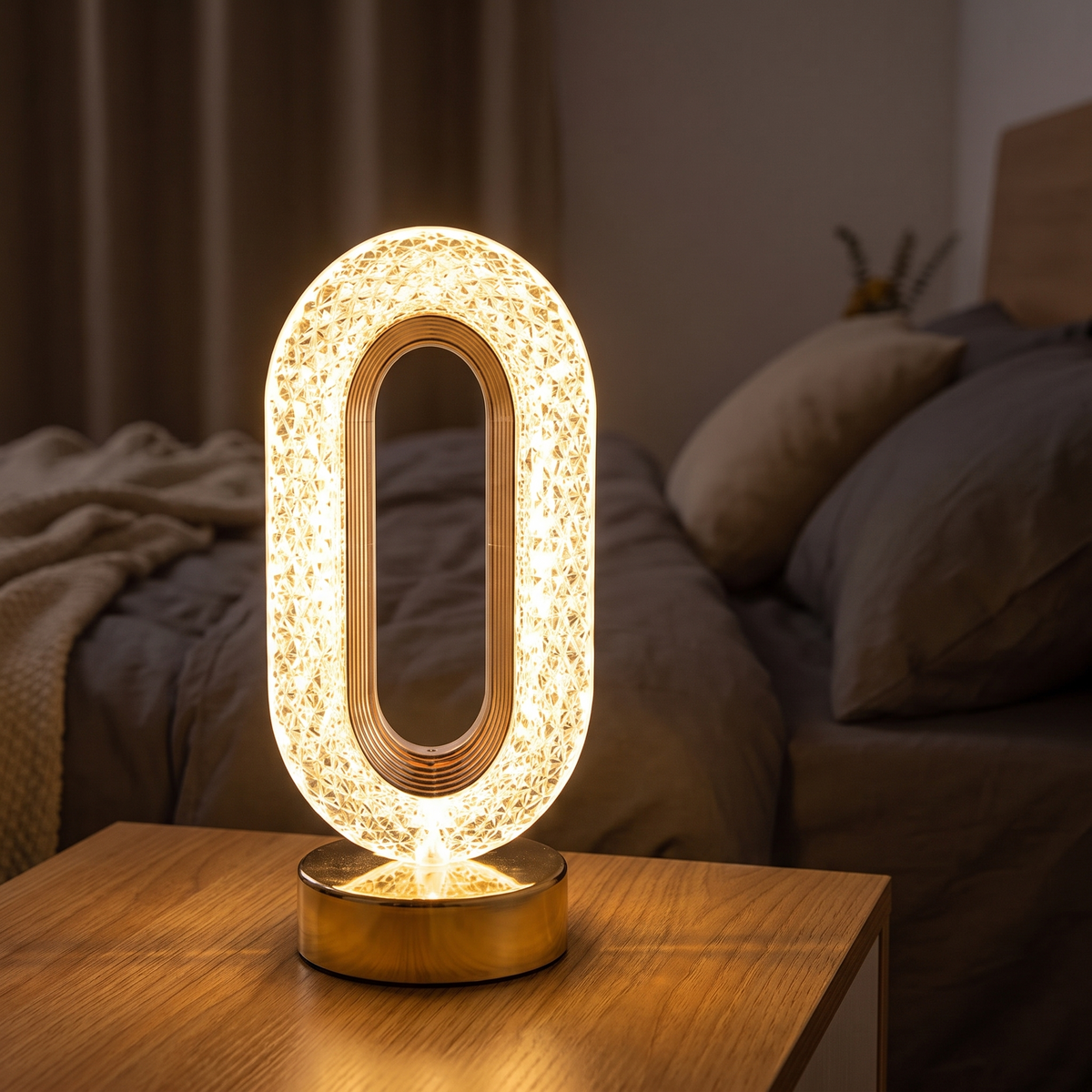 Stellora 3D Kristall LED-Nachtlicht auf dem Nachttisch im Schlafzimmer