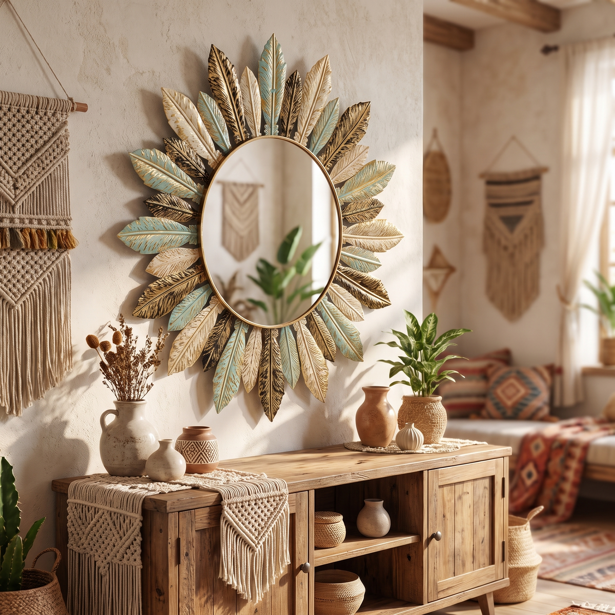 Bohemian Sunburst Wandspiegel über dem Sideboard im Wohnzimmer