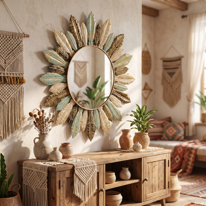 Bohemian Sunburst Wandspiegel über dem Sideboard im Wohnzimmer