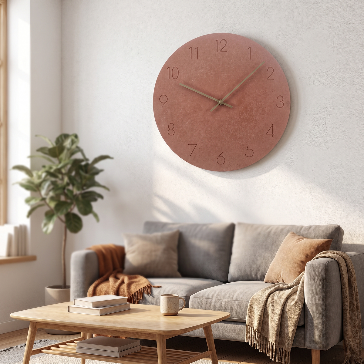 Nork minimalistische Holz-Wanduhr über dem Sofa im Wohnzimmer