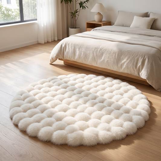 Cloud Comfort runder Flauschteppich neben dem Bett im Schlafzimmer