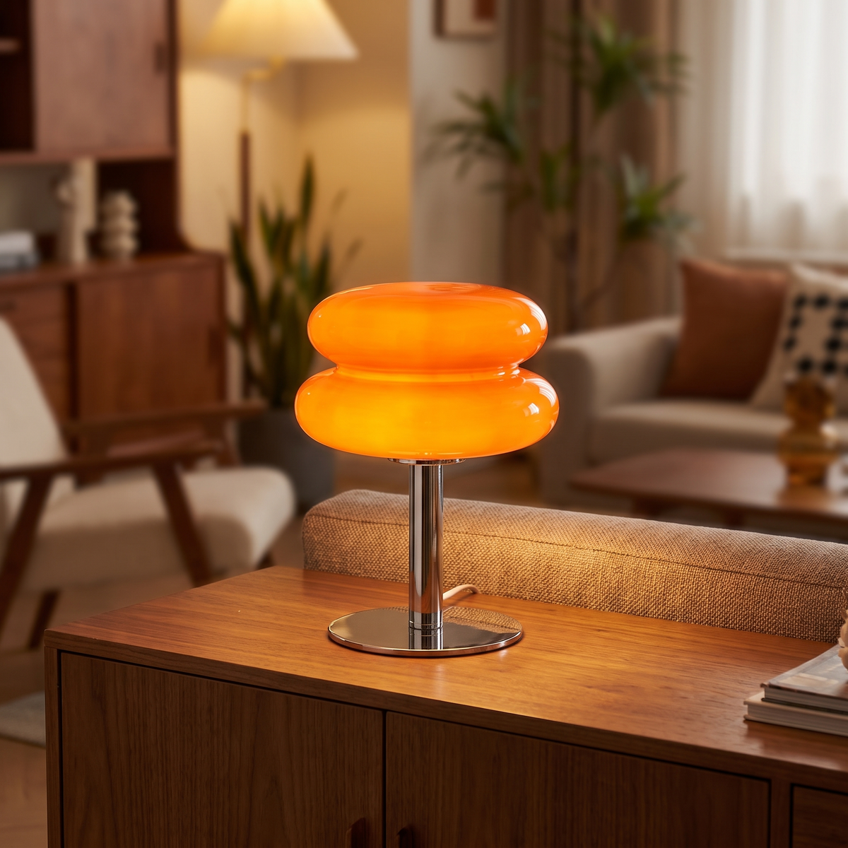 Italienische Designer-Glas-Tischlampe auf dem Sideboard im Wohnzimmer