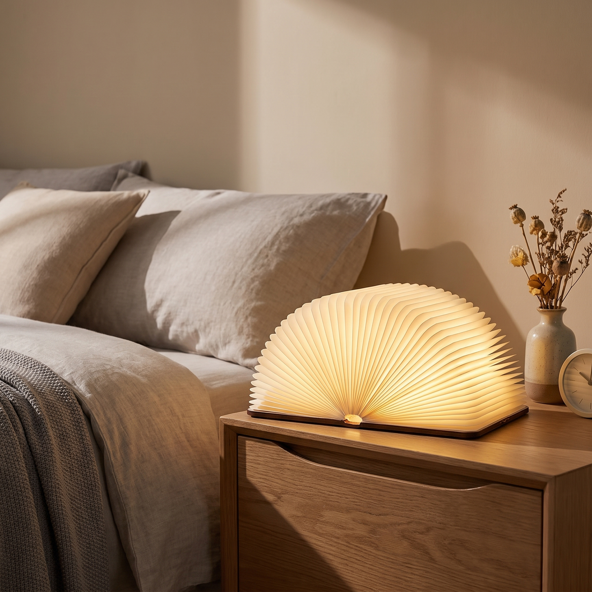 Lumibook klappbare Tischlampe auf dem Nachttisch im Schlafzimmer