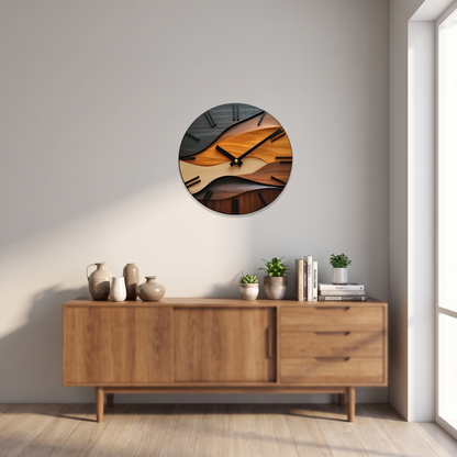 Künstlerische runde Wanduhr in Holzoptik über dem Sideboard