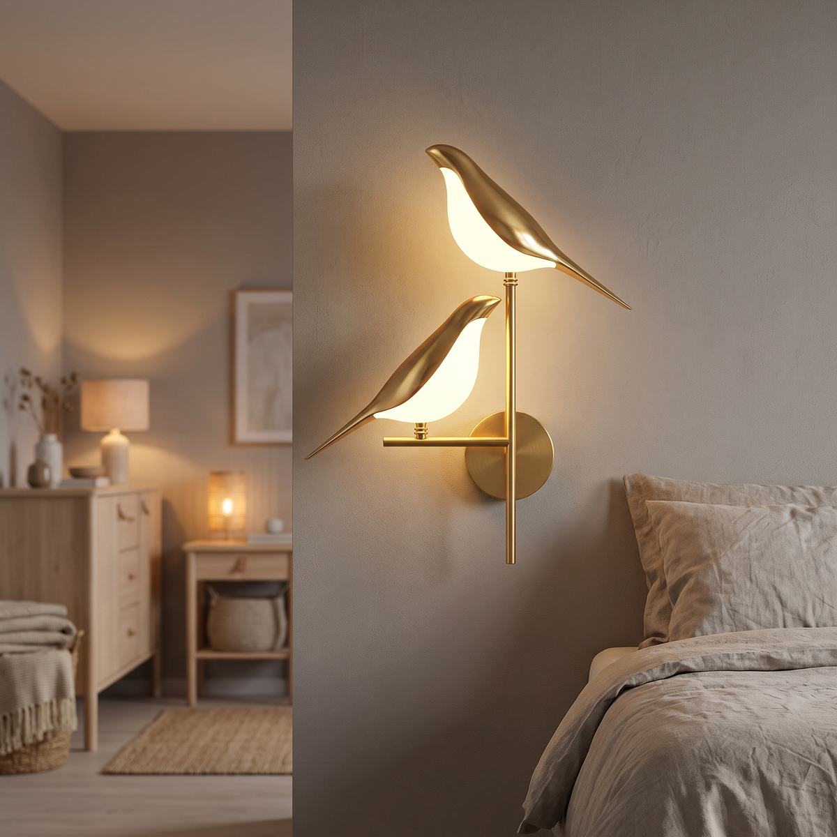 Goldene Vogel-Wandlampe neben dem Bett im Schlafzimmer
