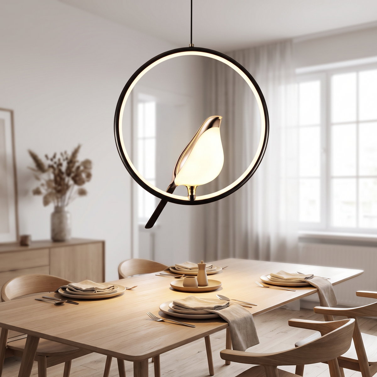 Elster Pendelleuchte im Vogel-Design über dem Esstisch