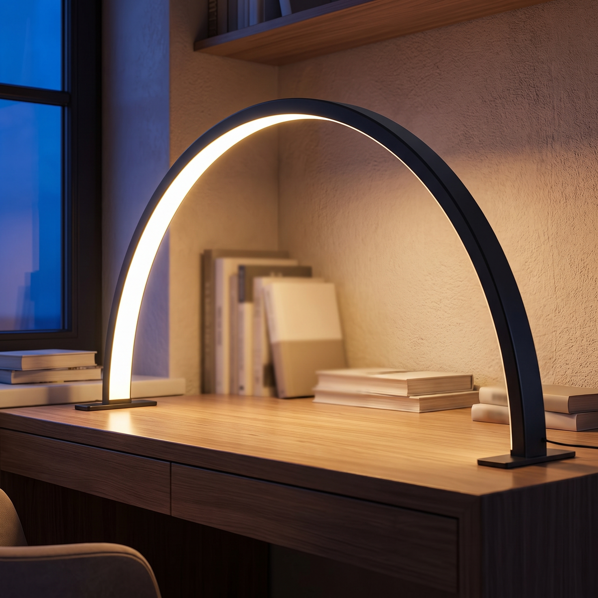Mondsichel LED-Schreibtischlampe auf dem Schreibtisch im Arbeitszimmer