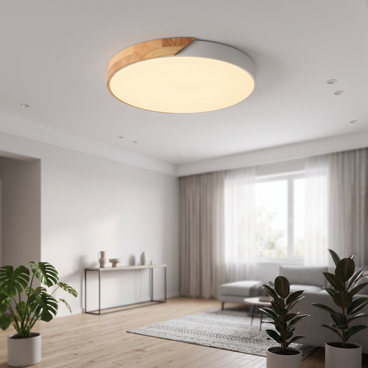 LED-Deckenleuchte in Holzoptik im skandinavischen Wohnzimmer
