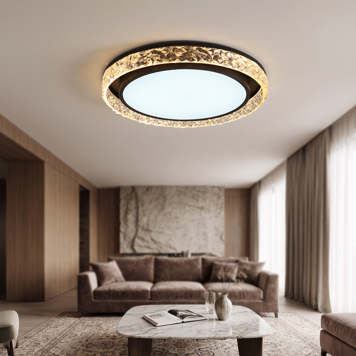 Crystal Halo LED-Deckenleuchte an der Wohnzimmerdecke