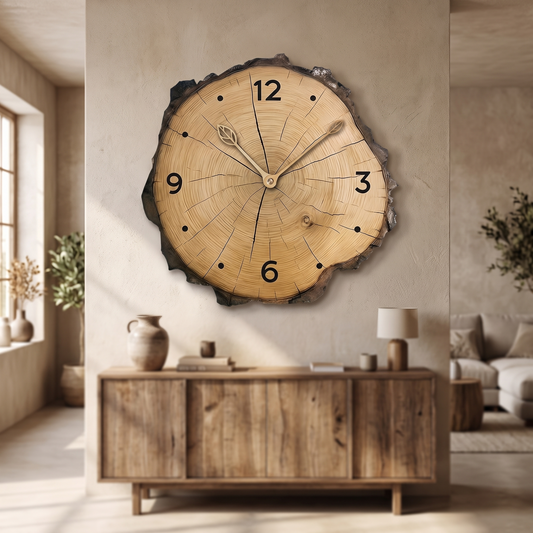 Rustikale Holzscheiben-Wanduhr über dem Sideboard im Wohnzimmer
