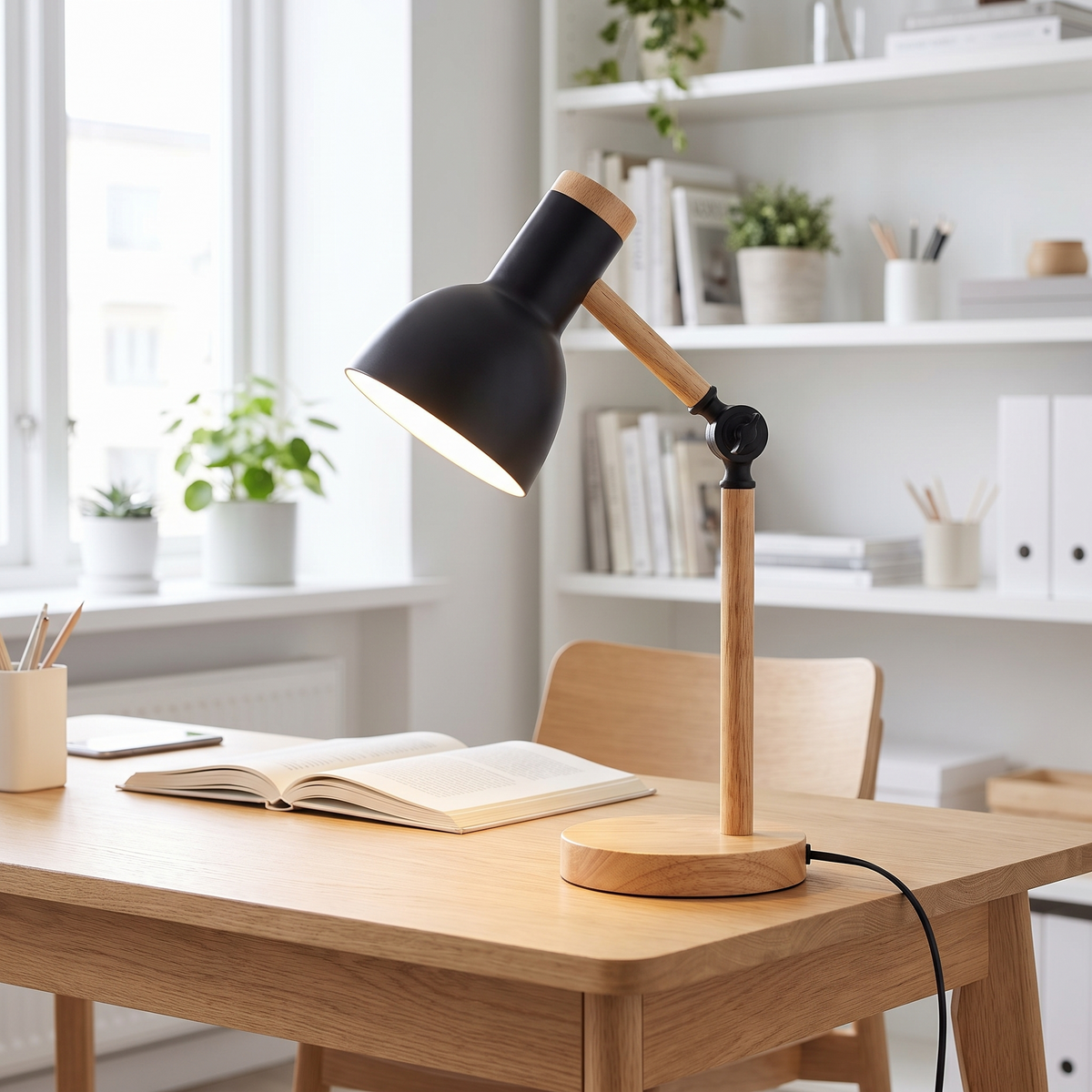 Nordische Holz-LED-Schreibtischlampe auf dem Schreibtisch im Homeoffice