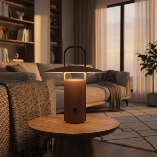 Kabellose LED-Touch-Lampe auf dem Beistelltisch im Wohnzimmer
