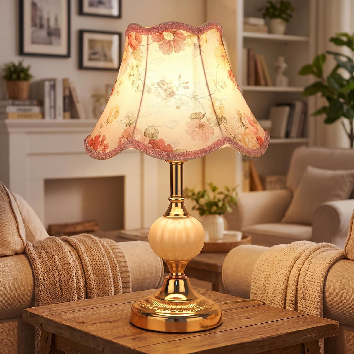 Quixy Vintage Tischlampe mit Blumenmuster im Wohnzimmer