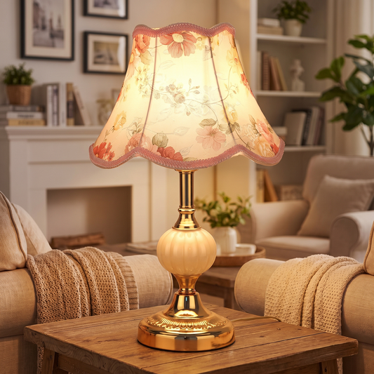 Quixy Vintage Tischlampe mit Blumenmuster im Wohnzimmer