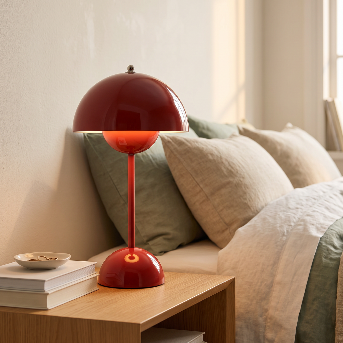 Moderne Touch-Tischlampe auf dem Nachttisch im Schlafzimmer