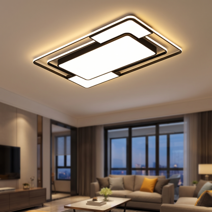 Fernbediente LED-Deckenleuchte mit geometrischem Design im Wohnzimmer