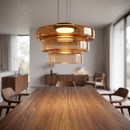 Glas-Pendelleuchte im Bauhaus-Stil über dem Esstisch