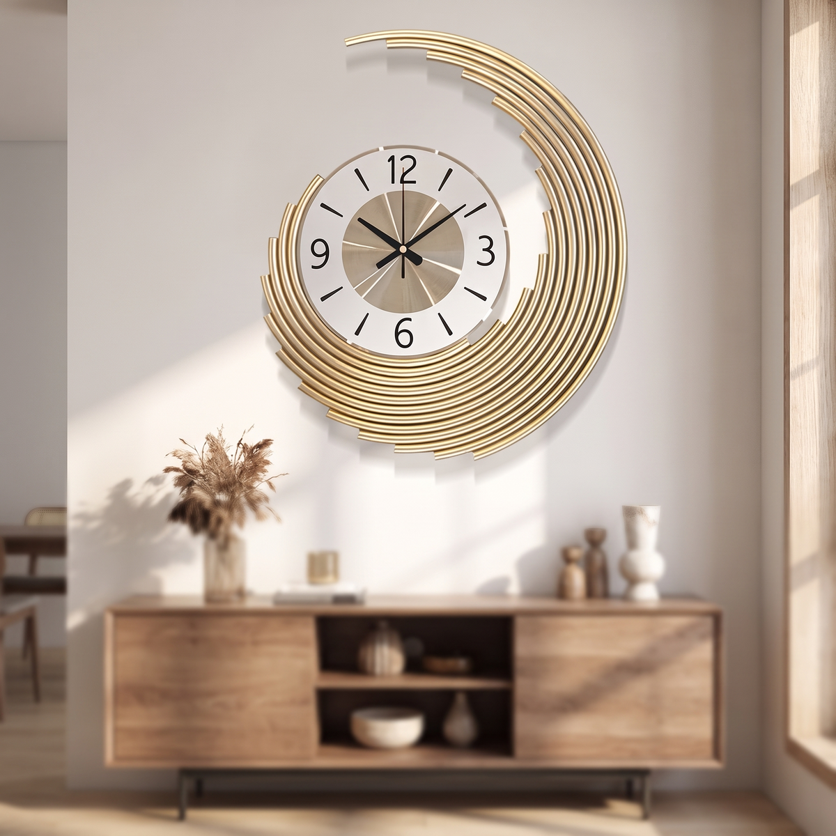 Moderne 3D Metall-Wanduhr über dem Sideboard im Wohnzimmer