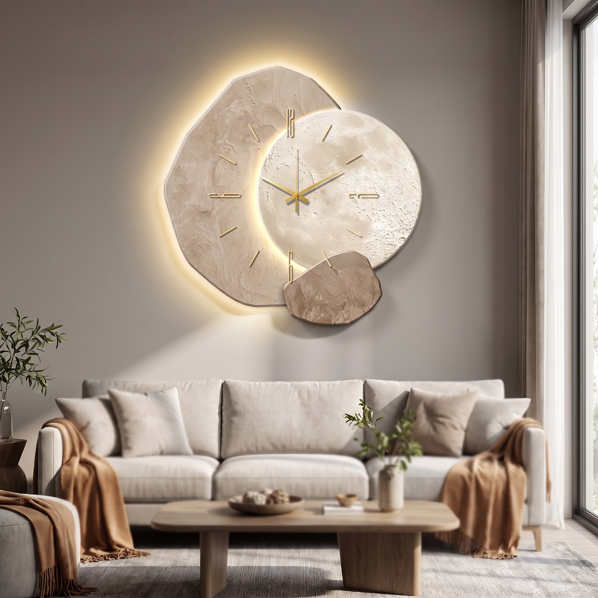 LumoClock große moderne Wanduhr über dem Sofa im Wohnzimmer