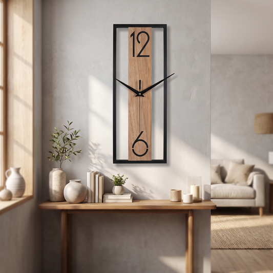 Moderne rechteckige Wanduhr mit Holzmaserungsrahmen über der Konsole