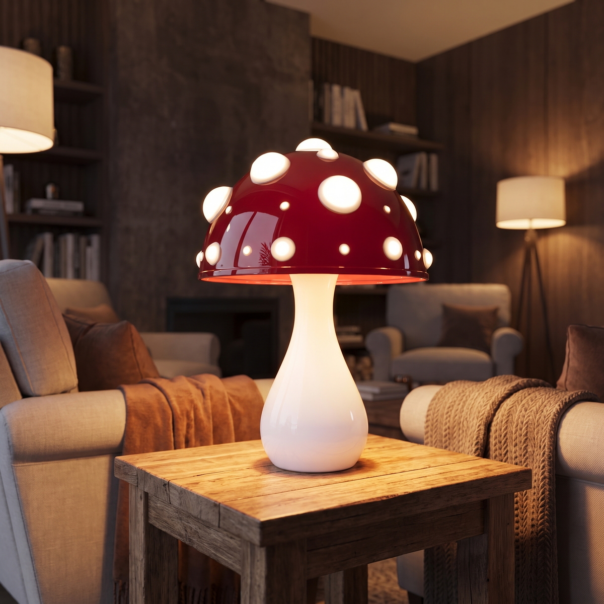 LED-Pilz-Tischlampe im Amanita-Design auf dem Beistelltisch