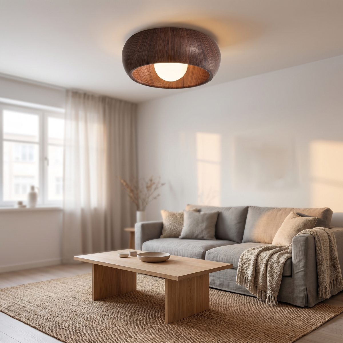 Albanora Holz-Deckenleuchte im skandinavischen Wohnzimmer
