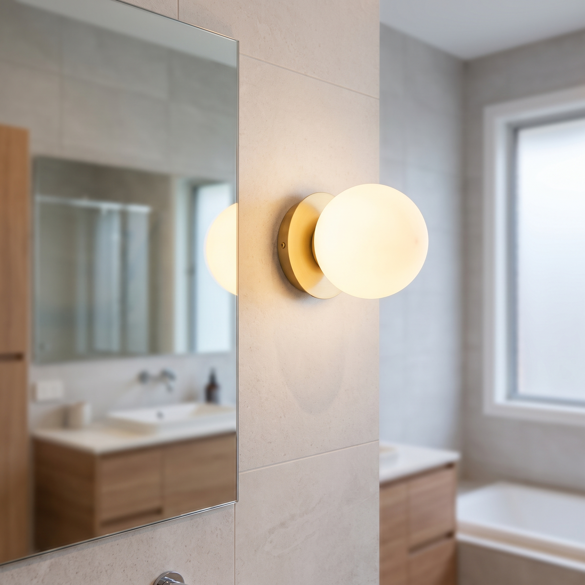 Nordic Globe Glas-Wandlampe neben dem Badezimmerspiegel