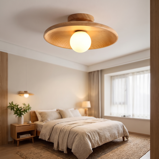 Moderne Holz-Deckenleuchte im nordischen Schlafzimmer