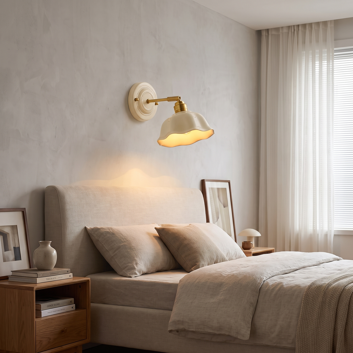 Nordische Creme Keramik-Wandlampe neben dem Bett